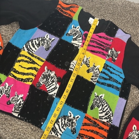 Vintage 1990s Zebra Sequin Rainbow Patchwork Teacher Granny Cardigan large - Picture 4 of 10